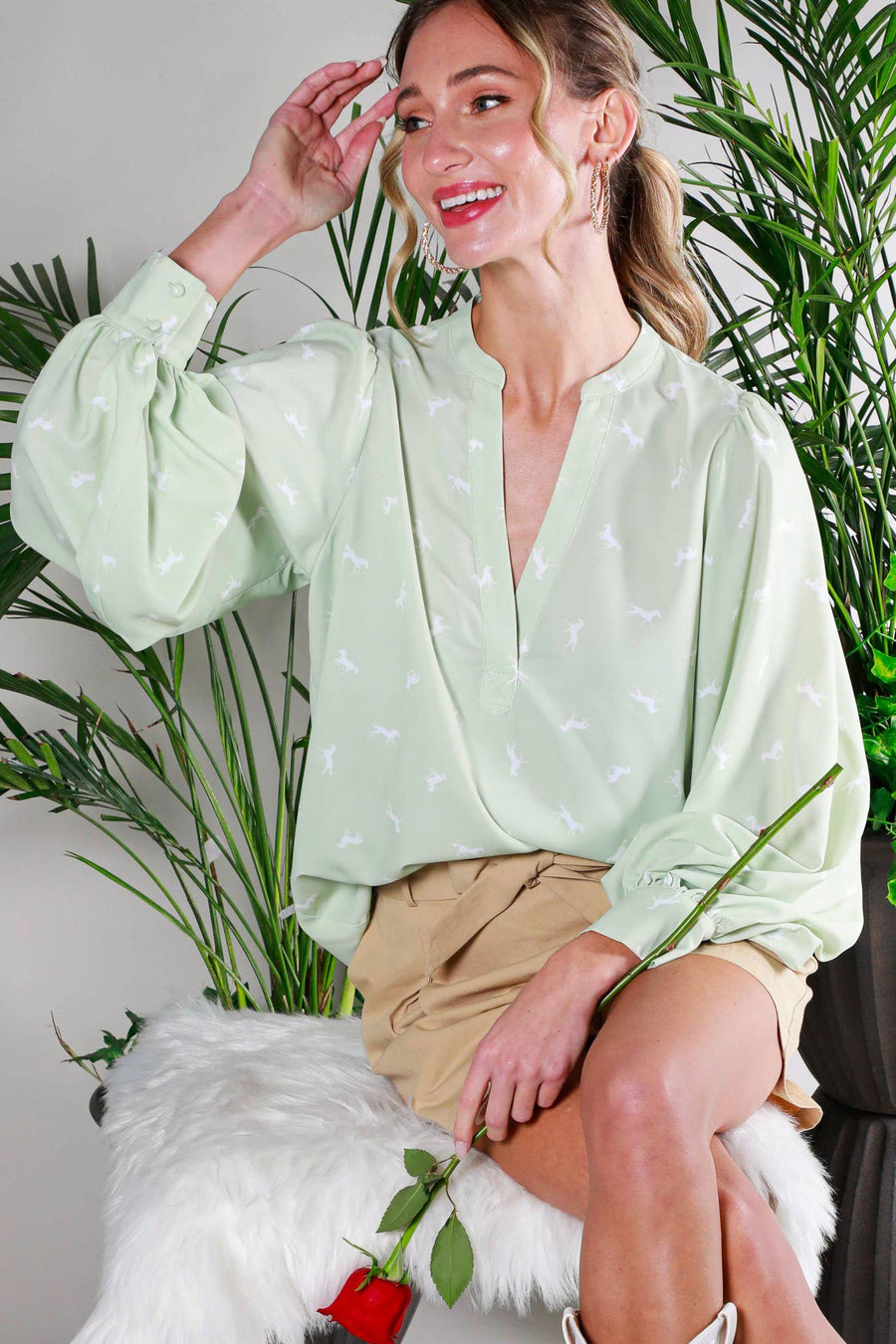 Horse Print V Neck Long Balloon Sleeve Blouse Top Sage