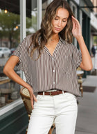 Collared Short Roll-Up Sleeve Button-Down Shirt VT83098: Brown / M
