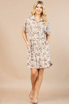On order- HORSESHOE PRINT BUTTON DOWN KNIT DRESS: Khaki / Contemporary