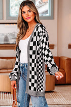 Checker Open Front Drop Shoulder Cardigan - Brown