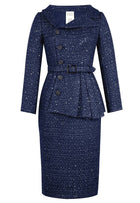 Sequined Tweed Blazer Dress Suit in Navy
