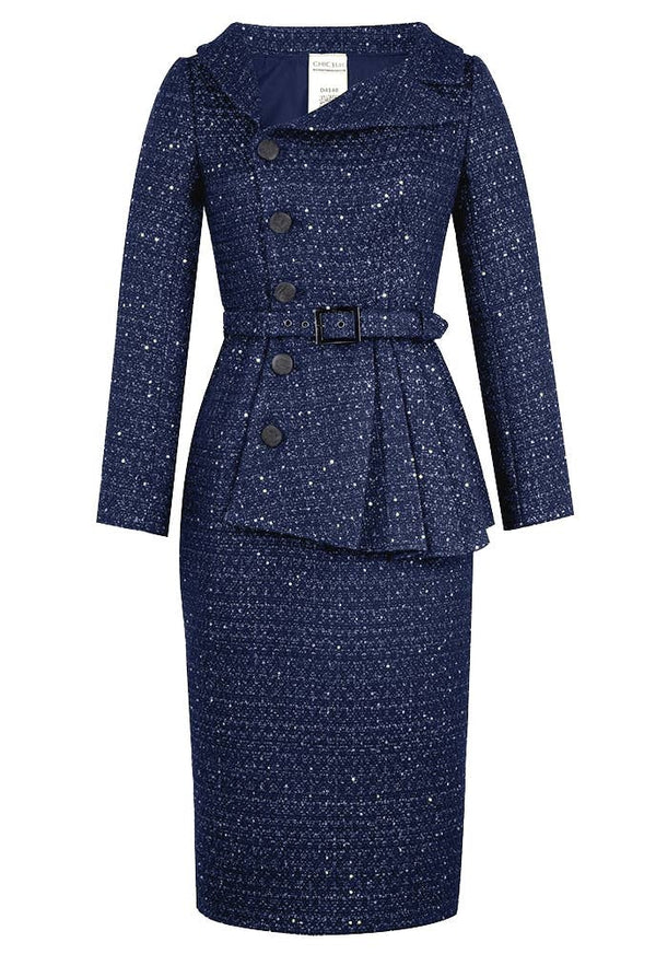 Sequined Tweed Blazer Dress Suit in Navy