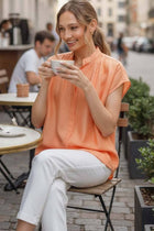 Henley Neckline Button Down Short Sleeve Top-White