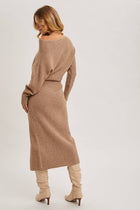 One Shoulder Off Side Slit Midi Knit Sweater Dress - Oatmeal