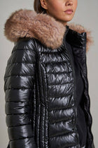 Navy Blue Metallic Longline Down Jacket with Removable Fur Hood