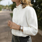Ruffle Trim Stand Collar White Blouse Long Sleeve Top: White