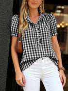 Plaid Puff Sleeve Blouse Boutique Ruffle Button Top: Khaki