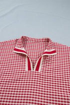 Gingham Plaid Colorblock Trim Short Sleeve Blouse - Red