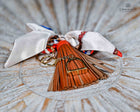 Leather tassel bag twills with Gold Stirrup Key chain feature- Orange, Grey, Red, Aqua, White, Brown