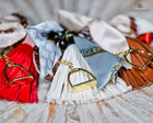 Leather tassel bag twills with Gold Stirrup Key chain feature- Orange, Grey, Red, Aqua, White, Brown