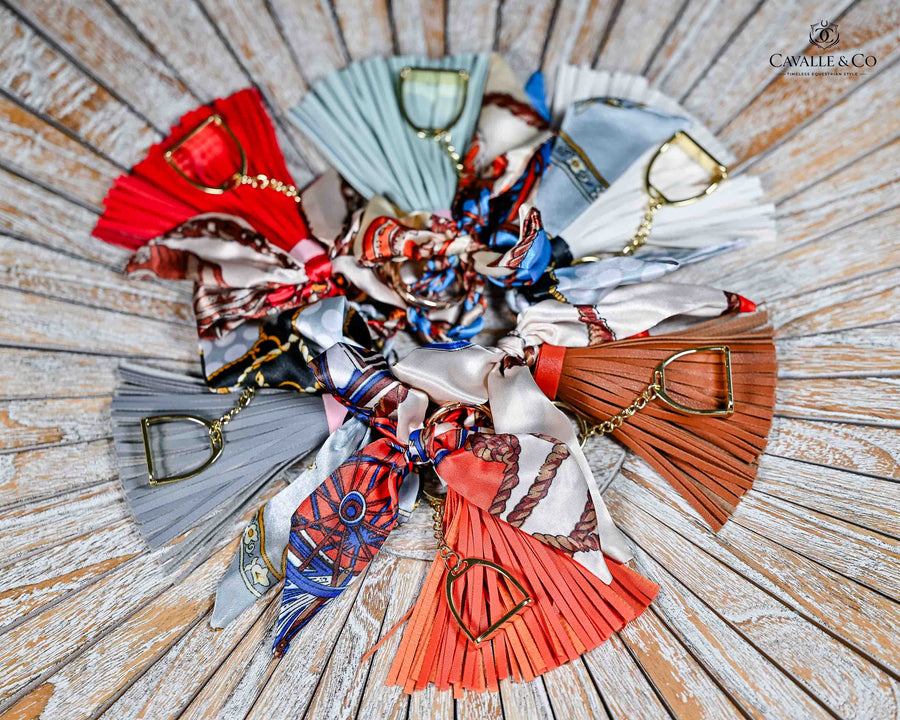 Leather tassel bag twills with Gold Stirrup Key chain feature- Orange, Grey, Red, Aqua, White, Brown