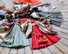 Leather tassel bag twills with Gold Stirrup Key chain feature- Orange, Grey, Red, Aqua, White, Brown