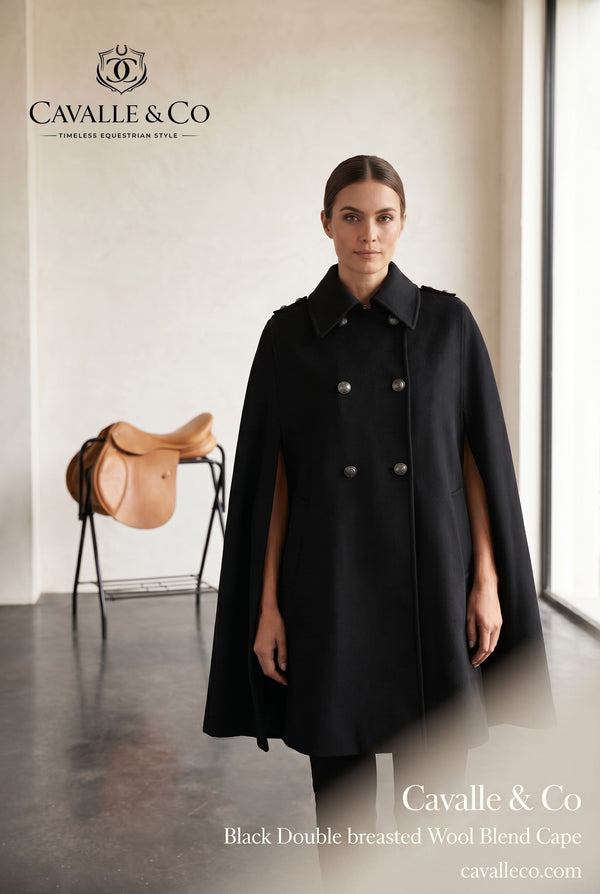 Black Double breasted Wool Blend Cape: S-M M-L