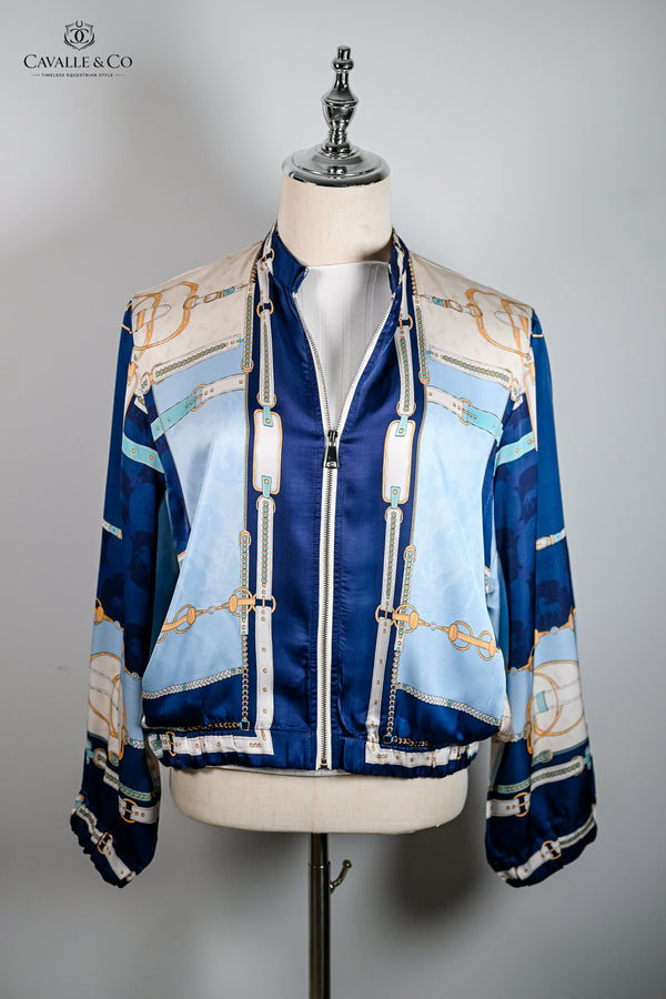 Bleu Marine Equestrian style print Bomber Jacket