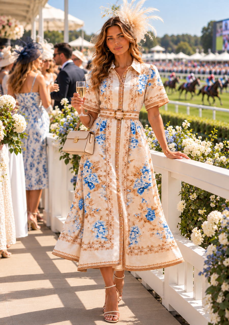 Melodie Floral Midi Dress – Blue & Beige