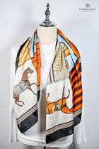 Large Orange Pale Blue Squares checkered Rugged horses print 70cm scarf