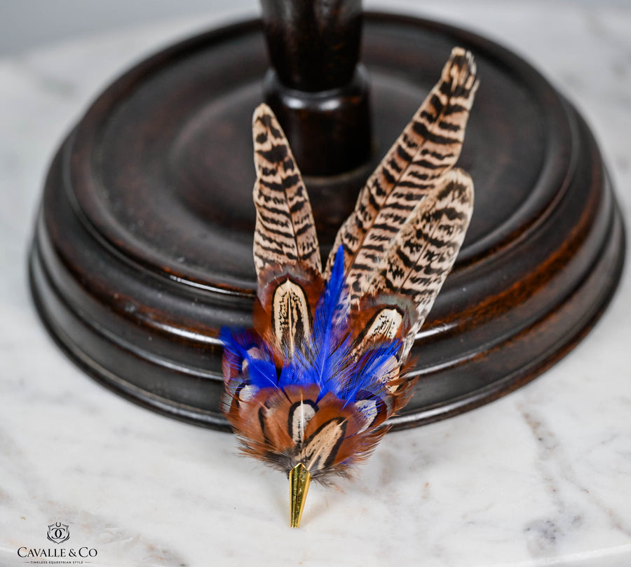 UK Hand Made Large Pheasant feather brooch hat pin -Blue highlights Cone tipped