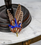 UK Hand Made Large Pheasant feather brooch hat pin -Blue highlights Cone tipped
