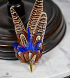 UK Hand Made Large Pheasant feather brooch hat pin -Blue highlights Cone tipped