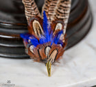 UK Hand Made Large Pheasant feather brooch hat pin -Blue highlights Cone tipped