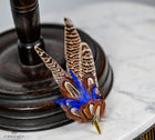 UK Hand Made Large Pheasant feather brooch hat pin -Blue highlights Cone tipped
