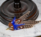 UK Hand Made Large Pheasant feather brooch hat pin -Blue highlights Cone tipped