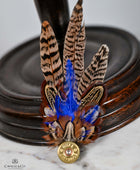 UK Hand Made Large Pheasant feather brooch hat pin -Blue highlights Bullet tipped (K)