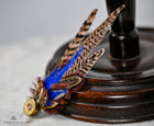 UK Hand Made Large Pheasant feather brooch hat pin -Blue highlights Bullet tipped (K)