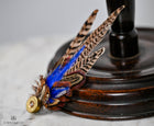 UK Hand Made Large Pheasant feather brooch hat pin -Blue highlights Bullet tipped (K)