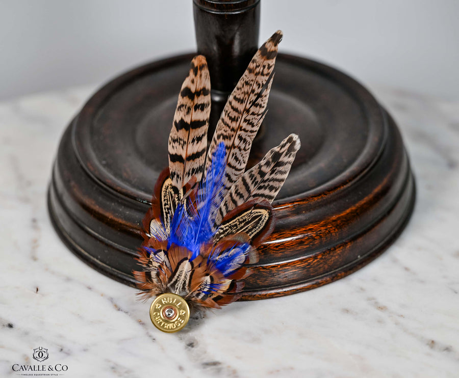 UK Hand Made Large Pheasant feather brooch hat pin -Blue highlights Bullet tipped (K)