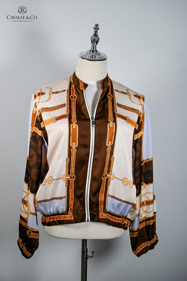 Marron (Brown) Equestrian style print Bomber Jacket