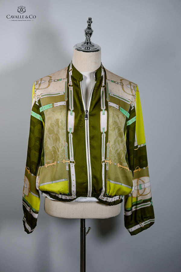 Olive Equestrian style Scarf Print Bomber Jacket