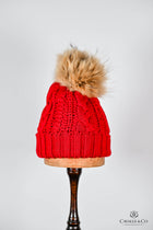 Twist knit Beanie, fleece lined fox hair Pom Pom-detachable clip-on design