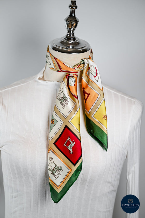 squares horses & caps print scarf - Tangerine/Green/Burgundy