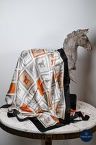 Tangerine black & silver squares horses & caps print scarf