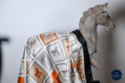 Tangerine black & silver squares horses & caps print scarf