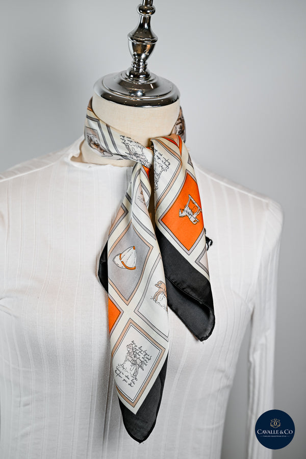 Tangerine black & silver squares horses & caps print scarf