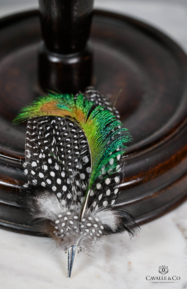 UK Hand Made Medium Green highlights feather brooch Silver cone tip hat pin