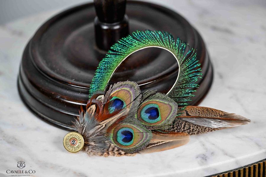 UK Hand Made Xtra Large Pheasant and peacock feather brooch Bullet tip hat pin (I)