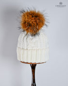 Twist knit Beanie, fleece lined fox hair Pom Pom-detachable clip-on design