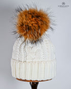 Twist knit Beanie, fleece lined fox hair Pom Pom-detachable clip-on design