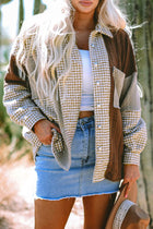 Colorblock Houndstooth Textured Patchwork Shacket - Chocolate & cream
