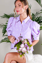 Collared Neck Puff Sleeve Horse Printed Blouse Top Off White Short Sleeve