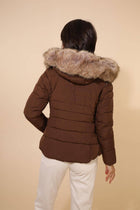 Plain down jacket with faux fur hood: