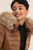 Plain down jacket with faux fur hood: