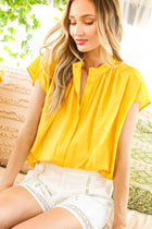Henley Neckline Button Down Short Sleeve Top-White