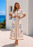 Melodie Floral Midi Dress – Blue & Beige