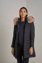 Long quilted down jacket with fur on hood: Beige