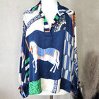 Luxe Hermes Style Horse Print Silk Viscose Blend Open Neck Shirt
