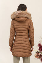 Long quilted down jacket with fur on hood: Beige